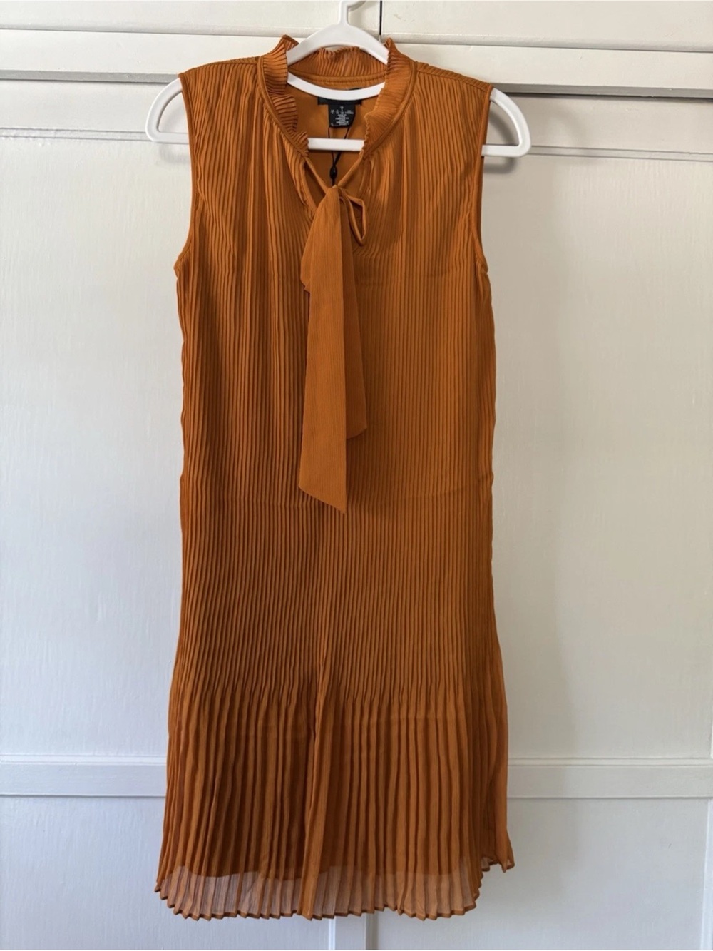 DKNY Sleeveless Pleated Tie-Neck Midi Dress in Rust Orange